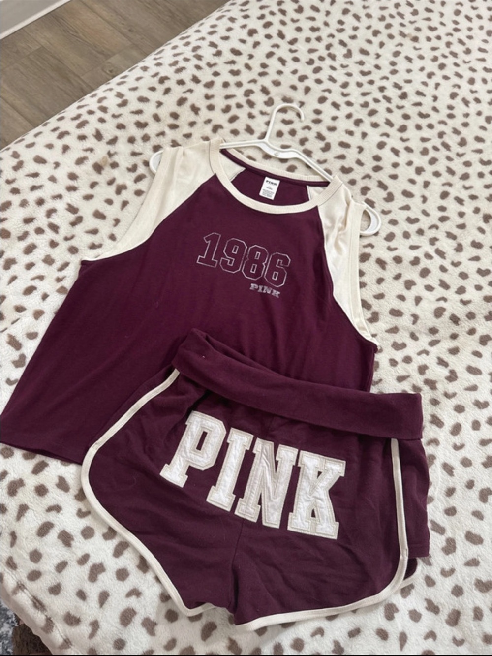 PINK Victoria's Secret Maroon and Cream Muscle Tee & Shorts Set